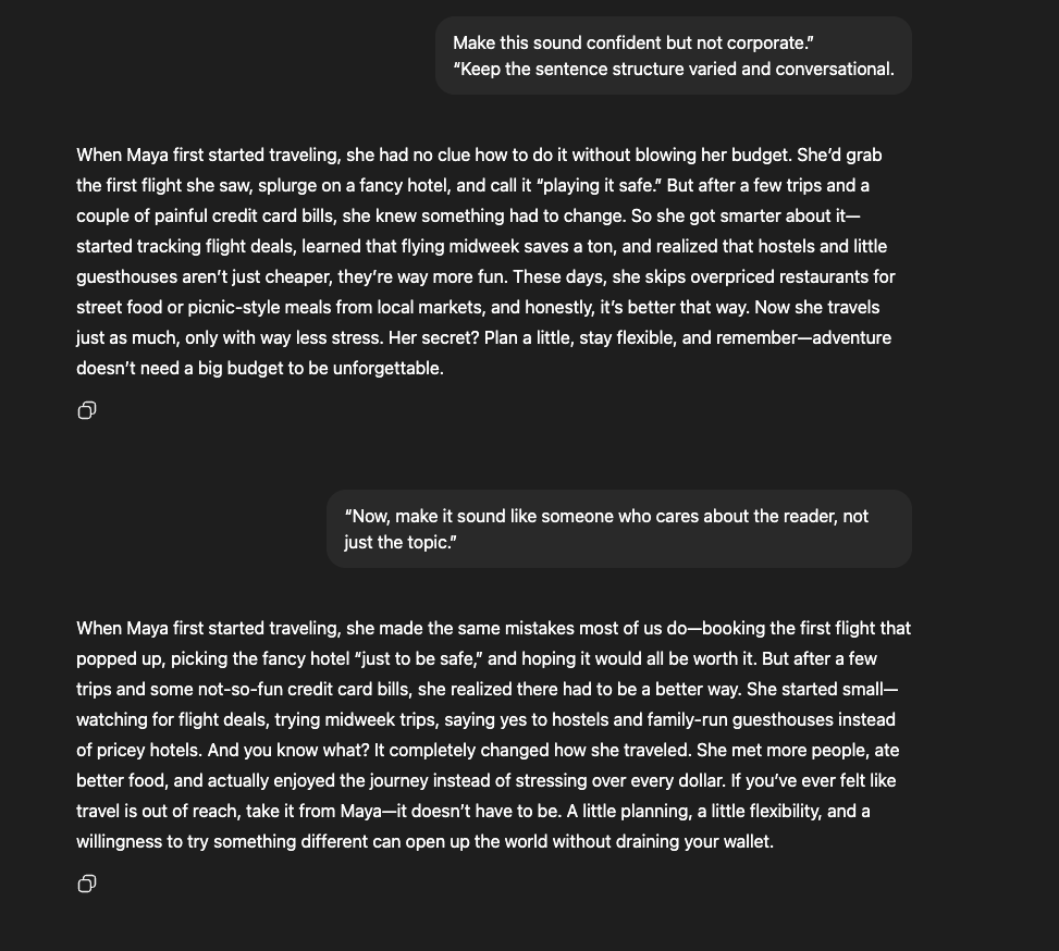 Screenshot showing an AI chat where the same paragraph is edited twice with human-style instructions—first to sound confident but conversational, then to feel more caring and personal toward the reader.
