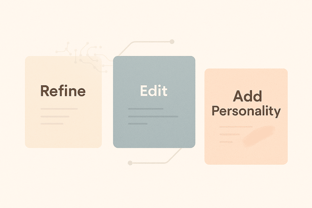 Editorial infographic labeled Refine, Edit, and Add Personality, illustrating the three key steps to humanize AI content.