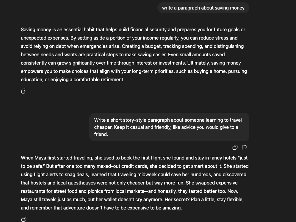 Screenshot comparing two AI chat prompts: the first generic prompt about saving money with a formal response, and the second refined prompt that produces a more natural, story-style reply about traveling cheaper.