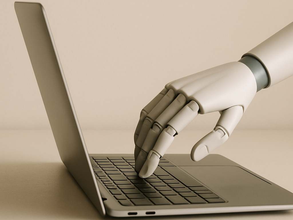 Close-up of a robotic hand typing on a laptop keyboard, representing the challenge to humanize AI content.