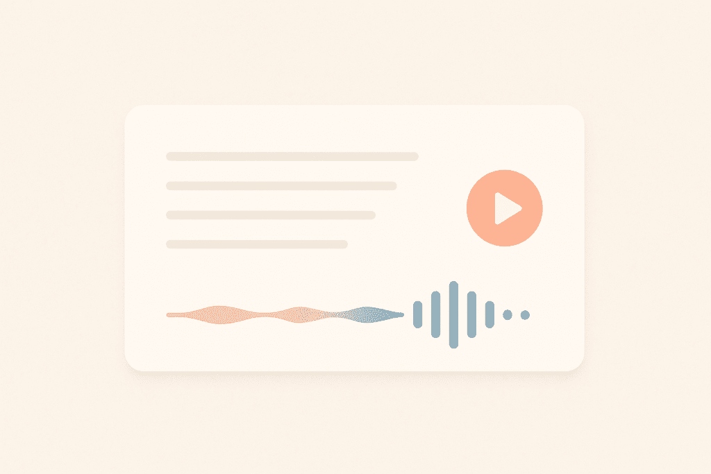 Minimalist illustration of a text-to-speech interface with a play button and sound wave, representing how writers can listen to their text to improve rhythm and tone.