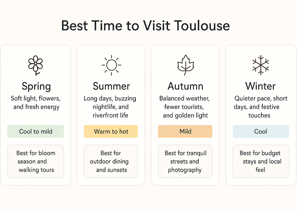 Best time to visit Toulouse by season, highlighting spring blooms, summer nightlife, autumn calm, and winter charm